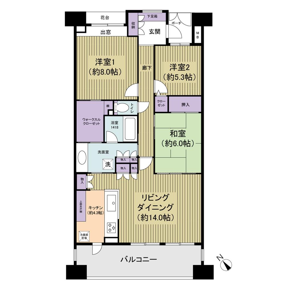 Floor plan. 3LDK, Price 32,800,000 yen, Occupied area 90.07 sq m , Balcony area 14.6 sq m