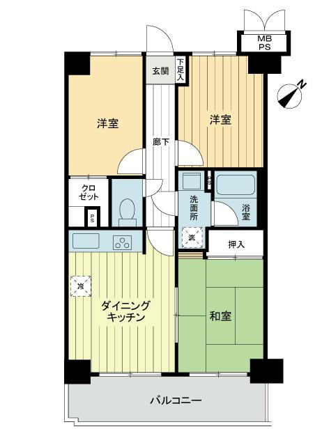 Floor plan. 3DK, Price 18,800,000 yen, Occupied area 55.84 sq m , Balcony area 8.09 sq m