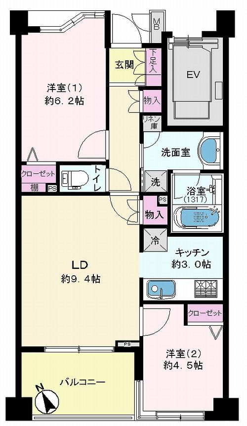 Floor plan. 2LDK, Price 18,800,000 yen, Occupied area 53.63 sq m , Balcony area 6.42 sq m