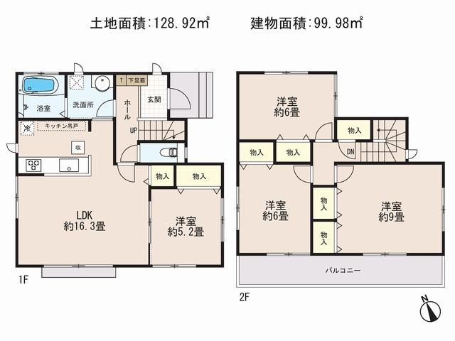 Floor plan. (3 Building), Price 32,800,000 yen, 4LDK, Land area 128.92 sq m , Building area 99.98 sq m