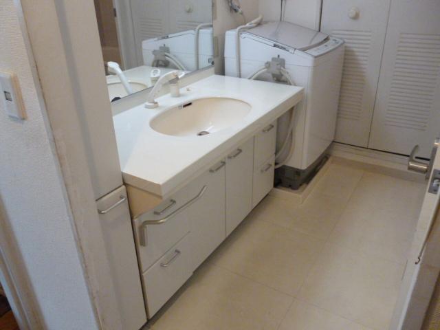 Wash basin, toilet. Spacious washroom.