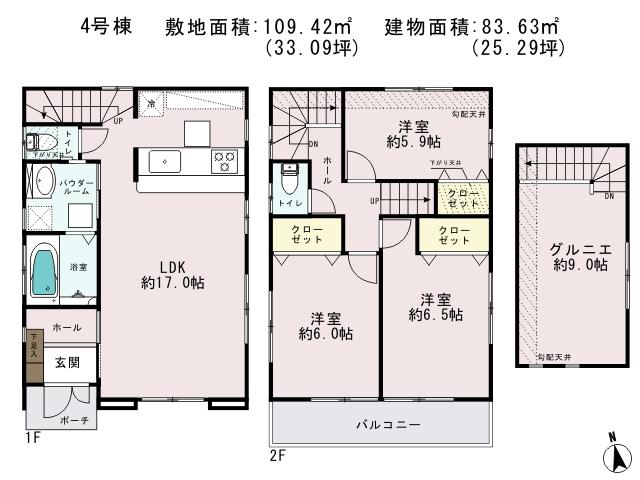 Floor plan. (4 Building), Price 41,800,000 yen, 3LDK, Land area 109.42 sq m , Building area 83.63 sq m