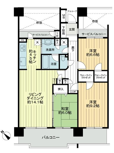 Floor plan. 3LDK, Price 26,800,000 yen, Occupied area 91.96 sq m , 3 rooms located on the balcony area 17.44 sq m south. There is a light coat is in the shared hallway side, This room has been consideration to privacy.