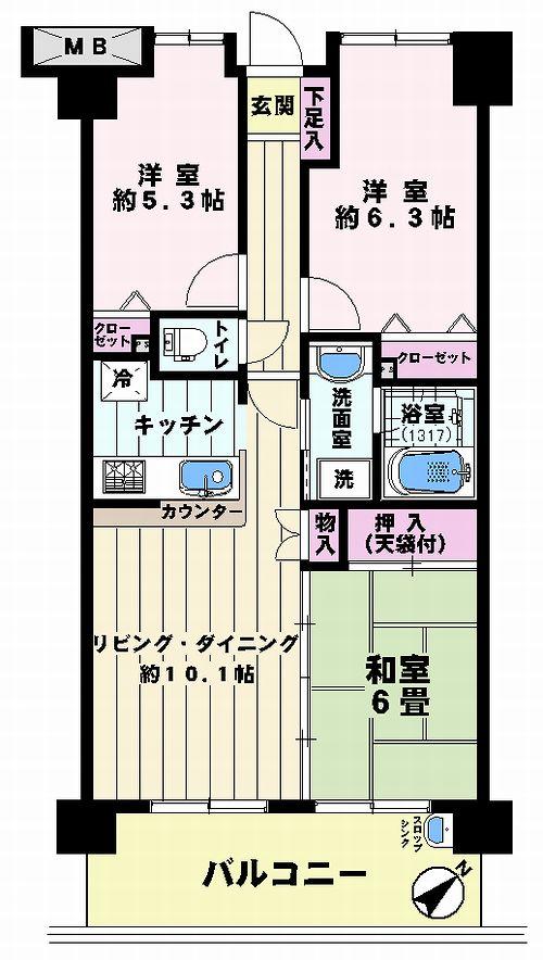 Floor plan. 3LDK, Price 17.3 million yen, Footprint 66 sq m , Balcony area 12 sq m