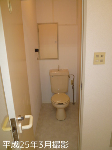 Toilet. Flush toilet Storage shelves there