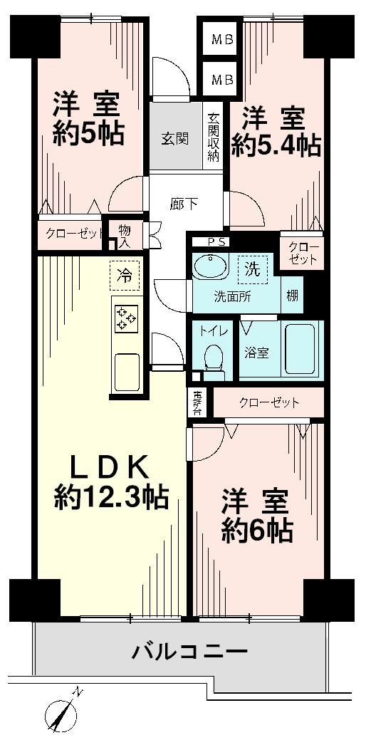 Floor plan. 3LDK, Price 18,800,000 yen, Occupied area 65.33 sq m , Balcony area 7.71 sq m