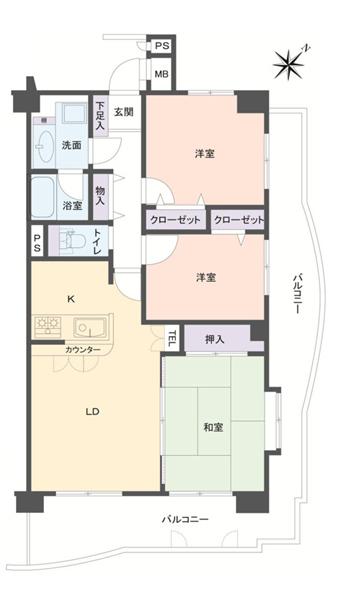 Floor plan. 3LDK, Price 23.8 million yen, Footprint 67.4 sq m , Yang per on the balcony area 26.31 sq m three direction room, View, Ventilation is good. In the living there is also floor heating.