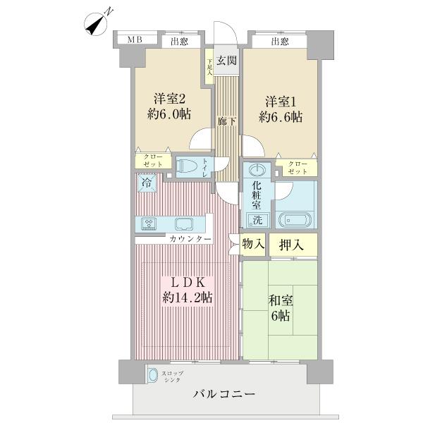 Floor plan. 3LDK, Price 18.5 million yen, Footprint 70.4 sq m , Balcony area 12.8 sq m