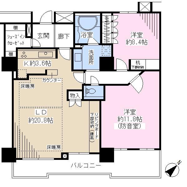 Floor plan. 2LDK, Price 59,800,000 yen, The area occupied 101.4 sq m , Balcony area 15.83 sq m
