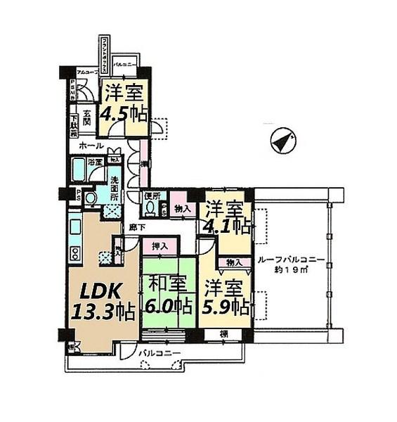 Floor plan. 4LDK, Price 13.3 million yen, Footprint 89 sq m , Balcony area 12.03 sq m