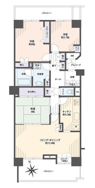 Floor plan. 3LDK, Price 18.2 million yen, Occupied area 90.06 sq m , Balcony area 20.8 sq m