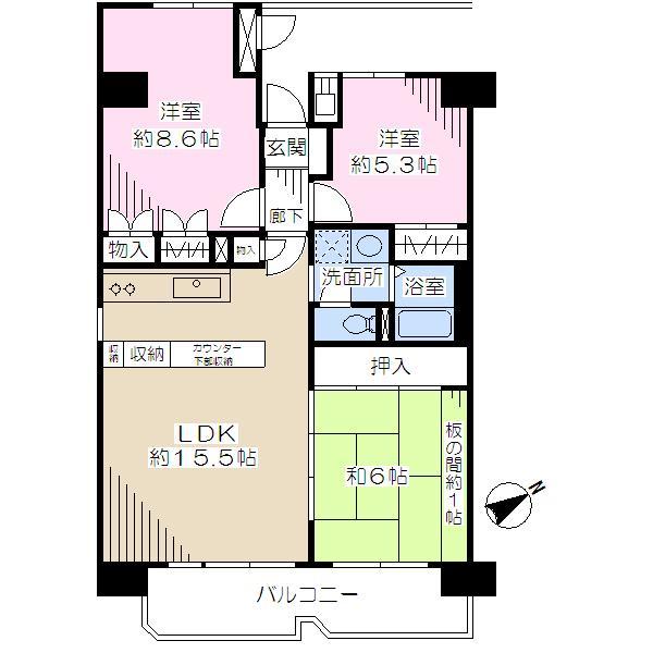 Floor plan. 3LDK, Price 14.3 million yen, Occupied area 76.12 sq m , Balcony area 8.96 sq m