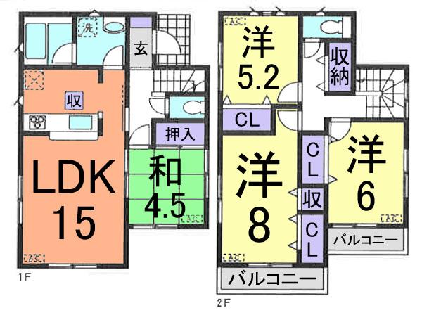 Floor plan. (Building 2), Price 22,800,000 yen, 4LDK, Land area 111.85 sq m , Building area 93.15 sq m