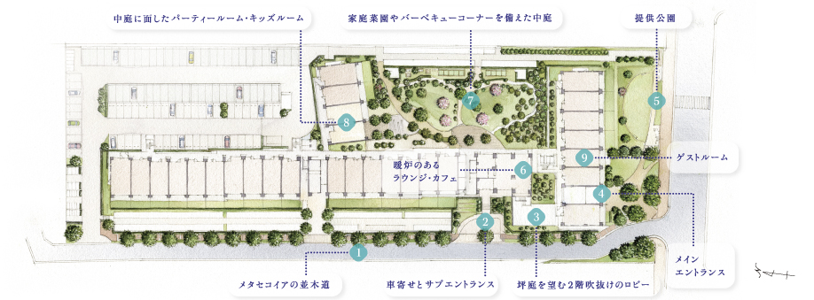  [Site placement Rendering illustrations]  ※ Rendering CG of the web is shaped by those that caused draw on the basis of the blueprint ・ color ・ Tree species, size, and the like of the planting is different from the actual and somewhat. still, Details of the appearance shape ・ Equipment, etc. are not represented. Also, Telephone poles around the site ・ Label ・ It does not do also expressed regarding guardrail, etc..  ※ Use of the shared facilities, we will follow the management contract. Also, Available will be some pay