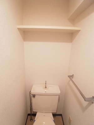 Toilet. Small items are put shelves have been installed at the top. 