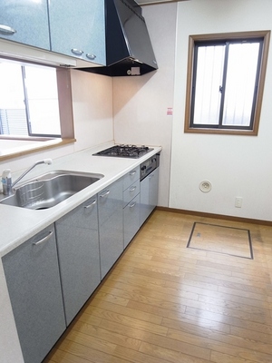 Kitchen. Face-to-face kitchen overlooking a living dining and garden.