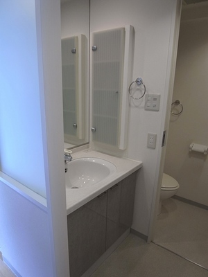 Washroom. Corridor side of the wash basin has become frosted glass.