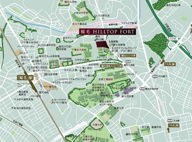 Local guide map. JR Sobu Line ・ Sobu Rapid "Inage" station walk 19 minutes, "Inage" about 6 minutes bus ride "Ensei opening" from the station bus stop 3-minute walk
