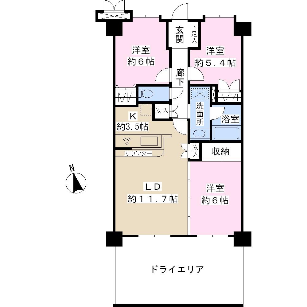 Floor plan. 3LDK, Price 12.8 million yen, Occupied area 72.61 sq m