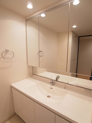 Washroom. It is clean water around the attractive. Wash basin of three-sided mirror type.