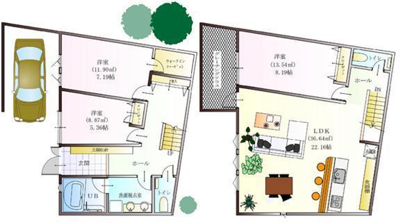 Floor plan. 28.8 million yen, 3LDK, Land area 97.66 sq m , Building area 107.75 sq m 1F is, It is with built-in parking. 2F is, Spacious is the living room, which is also height 4m.
