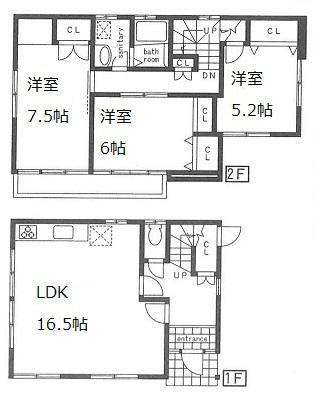 Floor plan. 16 million yen, 3LDK, Land area 95.87 sq m , Building area 89.38 sq m