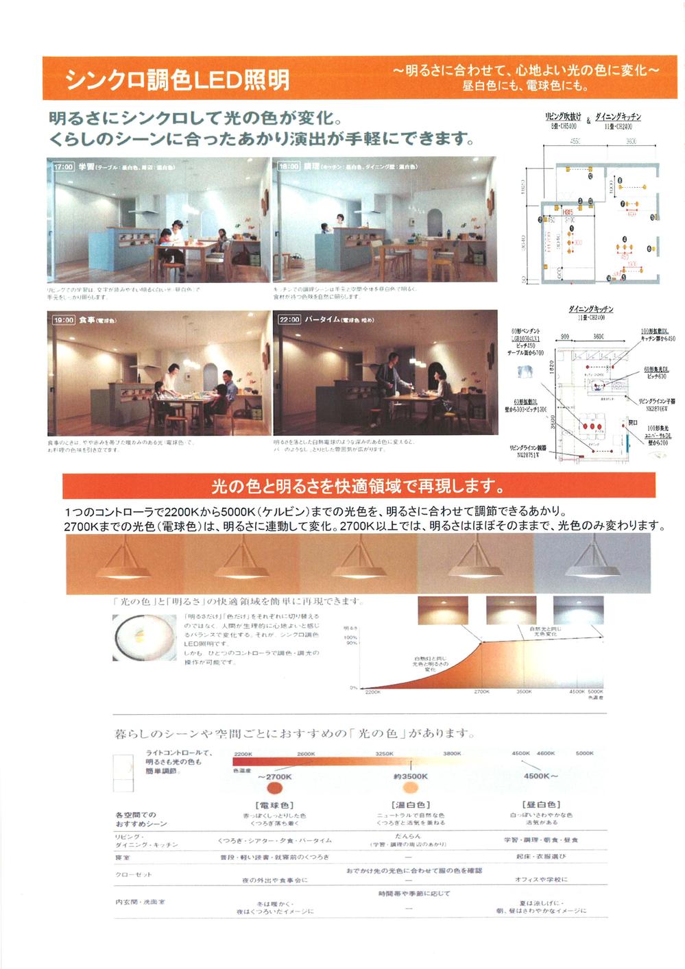Other Equipment. living ・ Established a synchro-tone color LED to dining. And Synchro to the brightness of the color of the light changes. According to the life of the scene allowing the production of light. (All building standard)