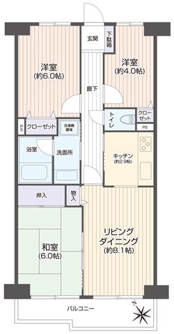 Floor plan. 3LDK, Price 12,980,000 yen, Occupied area 62.16 sq m , Balcony area 6.2 sq m
