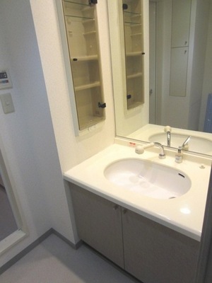 Washroom. Convenient shampoo dresser to get dressed. With storage shelf.