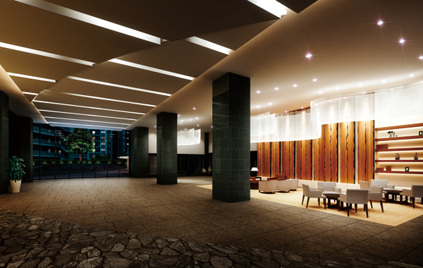 Features of the building.  [Reception lounge Rendering] It reflects the rich natural environment, Lounge that has been expressed using natural materials such as "wood and stone.". It will be the healing of space, such as a resort hotel lounge.