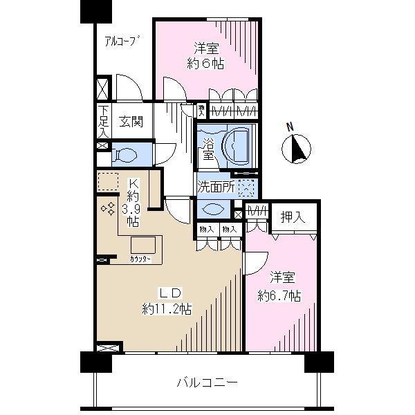 Floor plan. 2LDK, Price 26.5 million yen, Occupied area 64.66 sq m , Balcony area 7.47 sq m