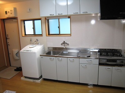 Kitchen. Washing machine, refrigerator, With gas stove