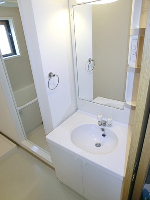 Washroom. It is the washstand of a large mirror