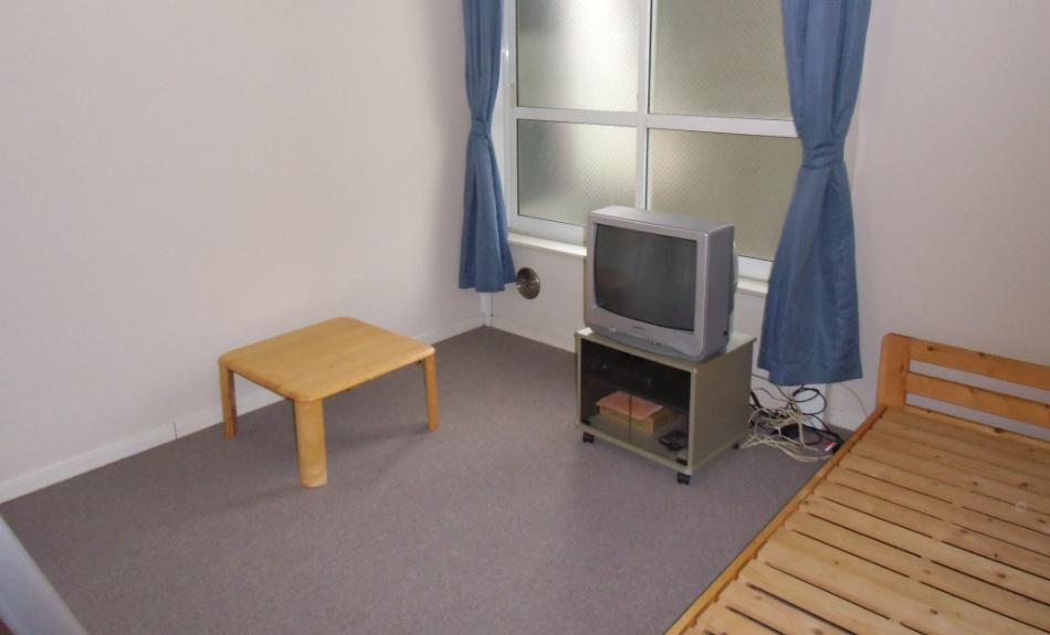 Living and room. Wooden bed, TV, Low table, Curtain marked with!