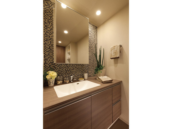 Bathing-wash room.  [Chic Furniture vanity dresser sense] One side mirror with storage and a square type of bowl, Stylish vanity melamine counter Furniture. It was to ensure the space of the room by placing a wash bowl on the counter one side.