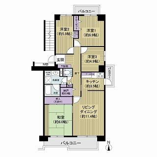 Floor plan. 4LDK, Price 24,800,000 yen, Footprint 90.8 sq m , Balcony area 13.87 sq m ● 4LDK, Corner dwelling unit Back door to the kitchen ● Floor plan that has been consideration to privacy ●