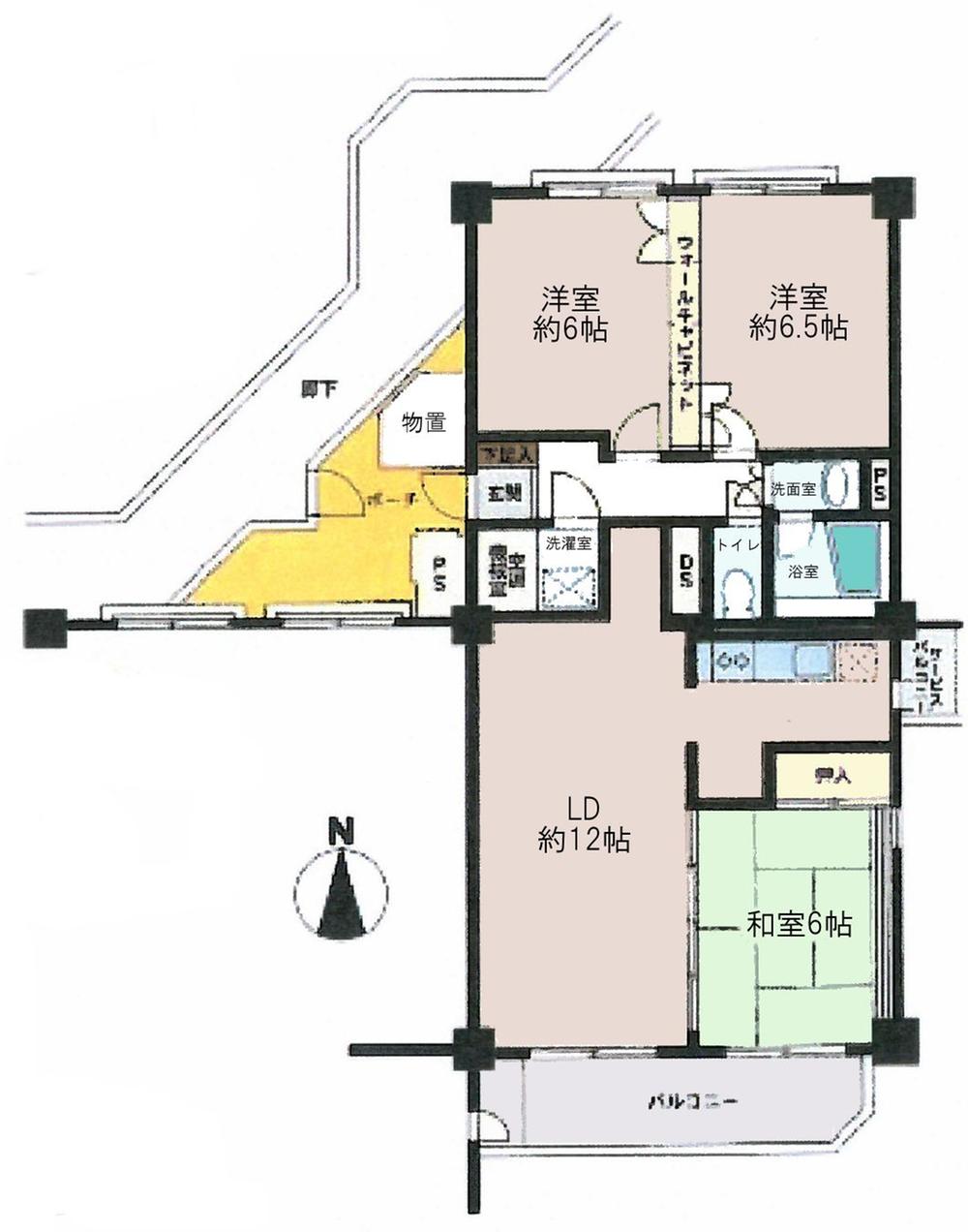 Floor plan. 3LDK, Price 16 million yen, Occupied area 77.29 sq m , It has been taking the balcony area 8.7 sq m entrance porch diagonally, Also open the window of the room making it difficult to be seen from the front.