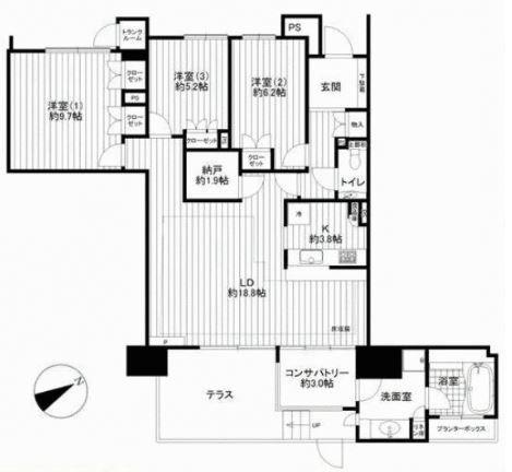 Floor plan. 3LDK+S, Price 29,900,000 yen, Footprint 110.62 sq m , Balcony area 12 sq m