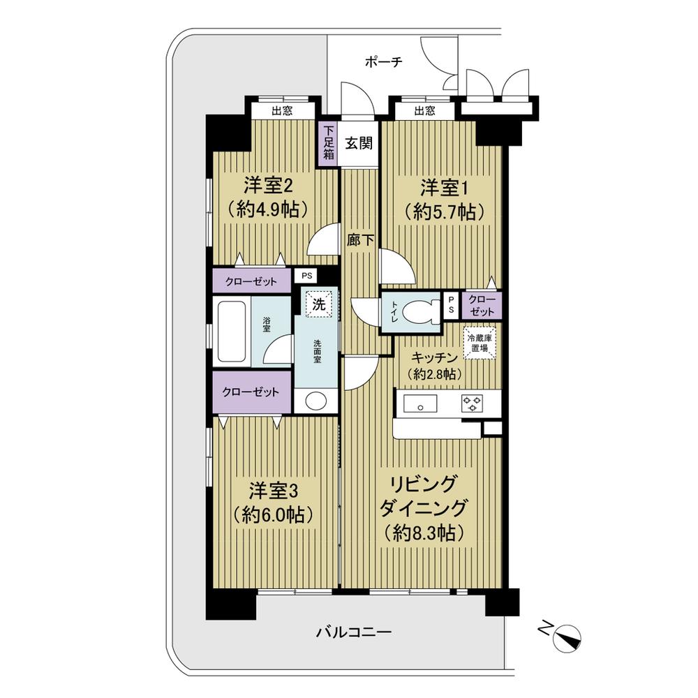 Floor plan. 3LDK, Price 19,800,000 yen, Occupied area 61.91 sq m , Balcony area 25.43 sq m 3LDK before the living room flooring