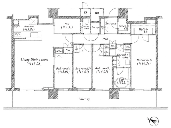 Tp120AB-w type 4LDK occupied area: 121.16 sq m (including the trunk area) balcony area: 31.20 sq m