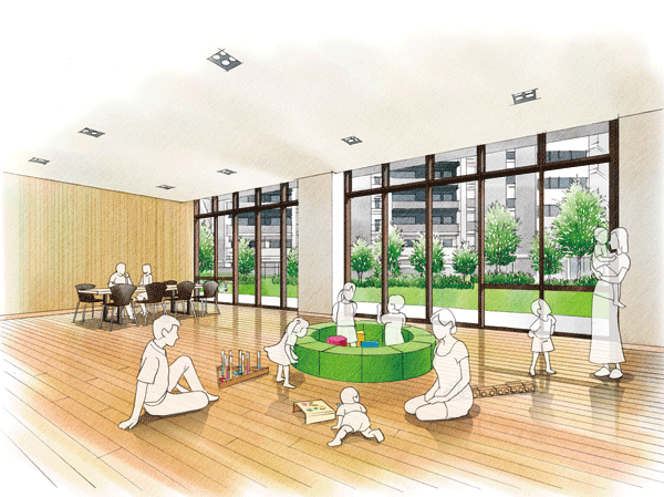 Shared facilities.  [Foster community among residents "multi-hole"] Such as events and meetings between residents, Shared hall that can be used for multi-purpose. It is freely play happy space children even on rainy days. (Rendering Illustration)