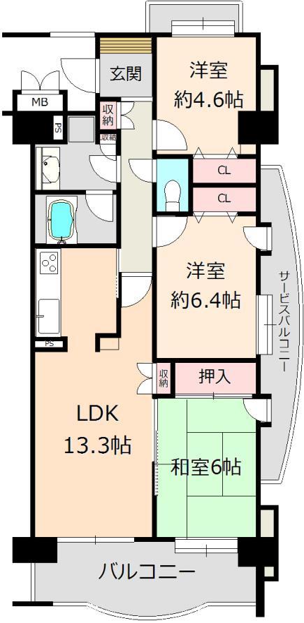 Floor plan. 3LDK, Price 22,800,000 yen, Occupied area 70.84 sq m , Views and day on the balcony area 10 sq m angle room also good 3LDK