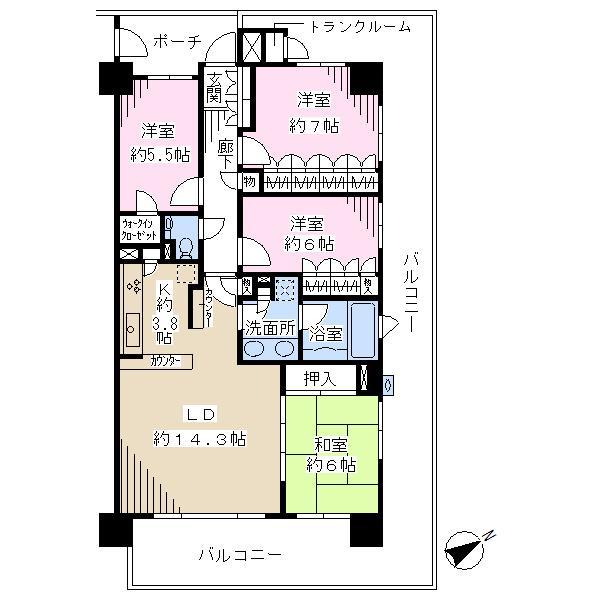 Floor plan. 4LDK + S (storeroom), Price 32,800,000 yen, Occupied area 95.65 sq m , Balcony area 43.46 sq m