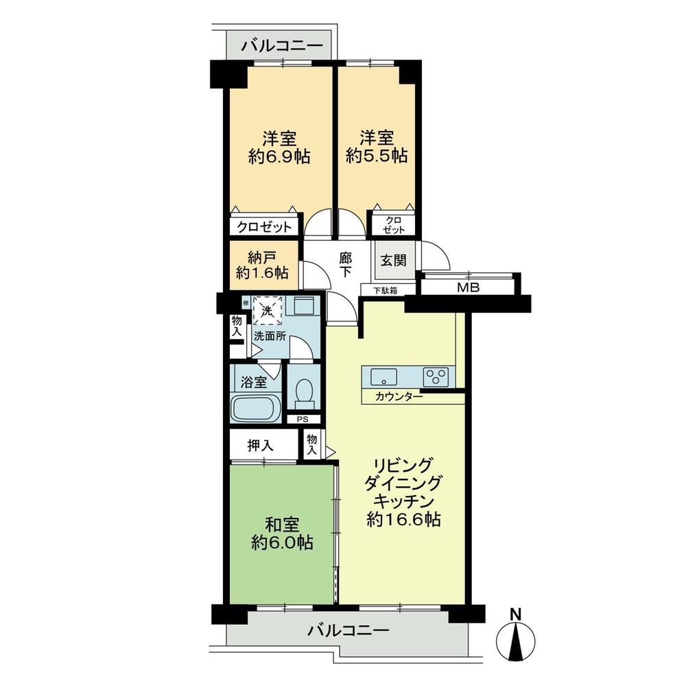 Floor plan. 3LDK, Price 23.8 million yen, Footprint 79.6 sq m , Balcony area 8.6 sq m   ・ New installed housed in a 5.5 Pledge of Western-style.  ・ Kitchen counter kitchen in the open.  ・ Japanese-style room is 3 doors, Living and integrally usable.  ・ Water around, New exchange.