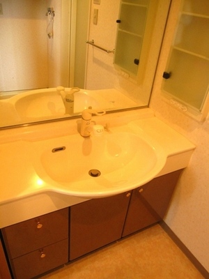 Washroom. Independent wash basin of storage space many large mirrors
