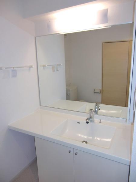 Washroom. Shampoo dresser of a large mirror