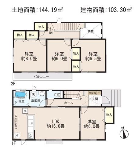 Floor plan. (Building 2), Price 22,800,000 yen, 4LDK, Land area 144.19 sq m , Building area 103.3 sq m
