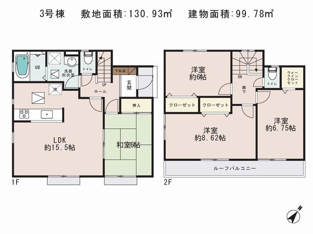 Floor plan. (3 Building), Price 16.8 million yen, 4LDK+S, Land area 130.93 sq m , Building area 99.78 sq m