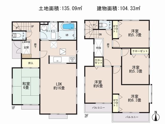 Floor plan. (6 Building), Price 24,800,000 yen, 5LDK, Land area 135.09 sq m , Building area 104.33 sq m