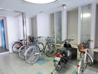 Parking lot. Bicycle parking space in the entrance